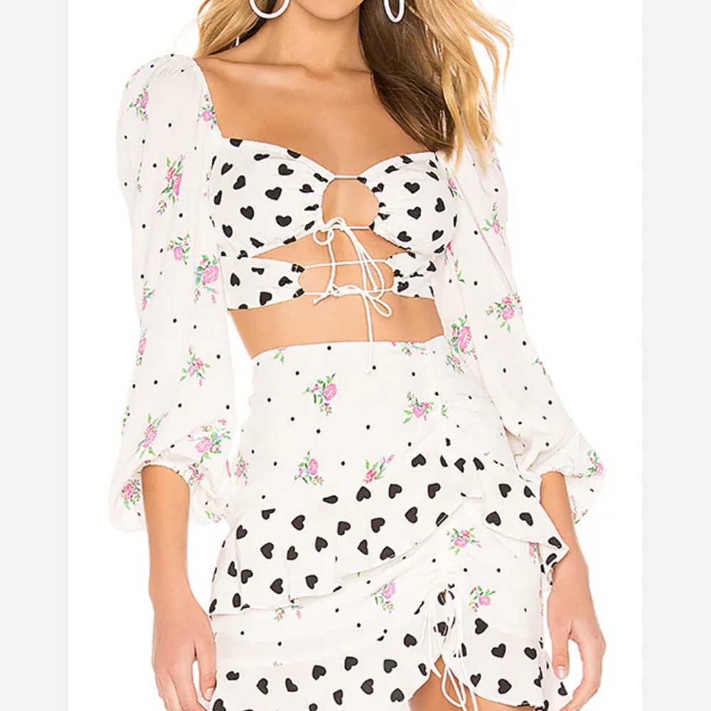 For Love And Lemons White and Black Crop Top with Flutter Sleeves Size Large